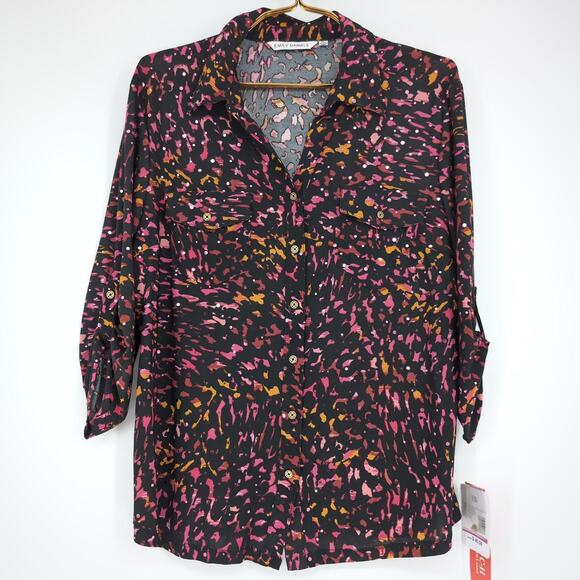 Emily Daniels Pink Combo Foil & Disco Dots Button Down 3/4 Sleeve NWT Top -Sz PL - Picture 1 of 15